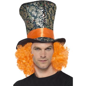 Mad Hatter Hat Costume with Orange Curls - Victorian Top Hat & Wig - alternate view