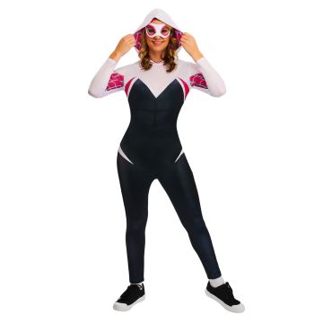 Adult Ghost Spider costume womens hooded jumpsuit with pink web pattern and mask