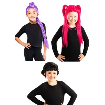 Kids K-Pop Character Wig - Purple Braid, Pink Pigtails or Black Bob Style - alternate view
