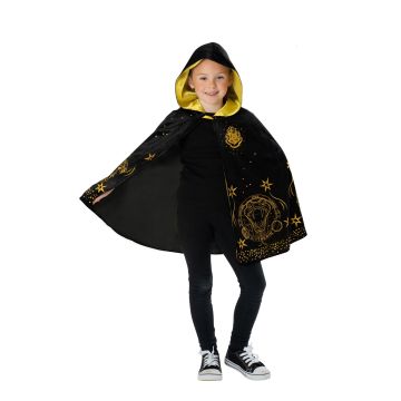 Kids black wizard robe with gold-lined hood and house crest detail
