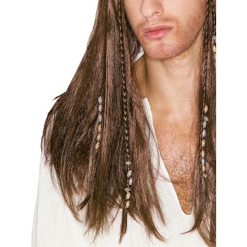 Adult Caribbean Pirate Wig with Bandana - Beaded Braids & Distressed Scarf