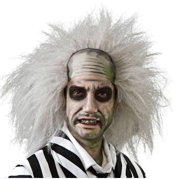 Adult Beetlejuice wig with gray teased hair and bald cap front piece