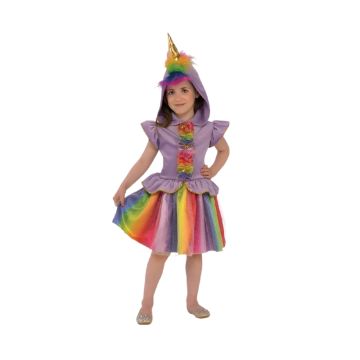 Girls Rainbow Unicorn Costume Dress with Hood and Horn - alternate view