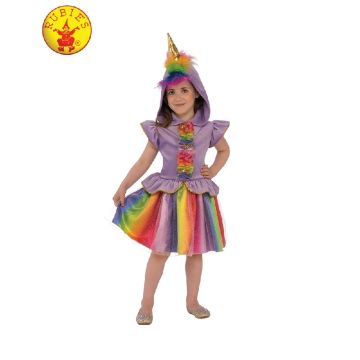 Girls Rainbow Unicorn Costume Dress with Hood and Horn