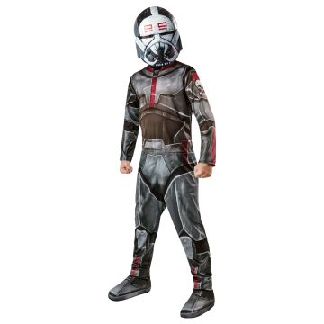 Child wearing Wrecker Clone Force 99 costume showing skull shoulder markings