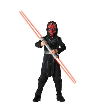 Kids Boys Darth Maul Deluxe Costume hero full front view - child wearing printed Sith tunic, pants with boot tops and painted red and black Darth Maul mask, holding red double-bladed lightsaber