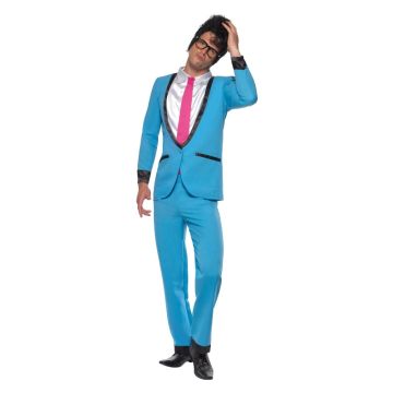 Mens 1950s Teddy Boy Costume - Sky Blue Rockabilly Suit with Mock Shirt & Tie