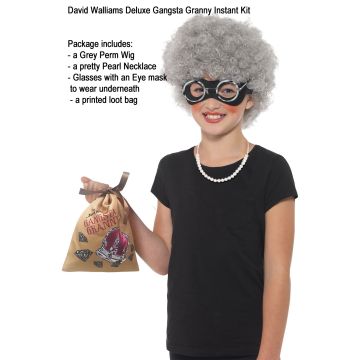 Kids Gangster Granny Costume Accessory Kit - Grey Wig Pearl Necklace Glasses Loot Bag