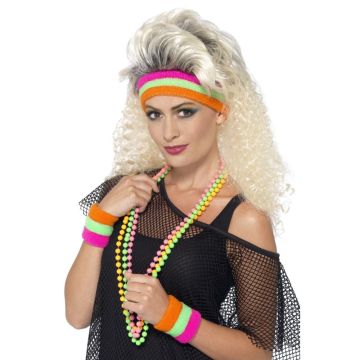 Adult 80s Neon Sweatband Set - Striped Headband & Wristbands Costume Accessory - alternate view