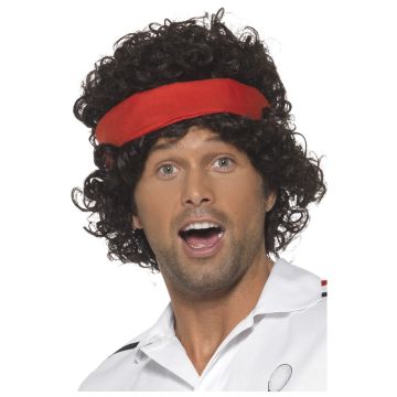 Mens 80s Eigthies Tennis Player Wig Brown Headband Athletes - alternate view