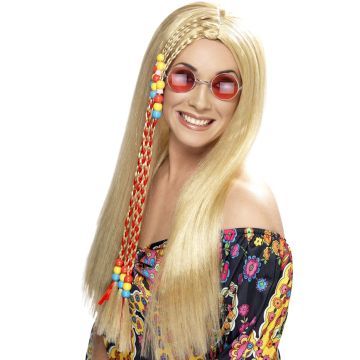 Adult blonde hippie wig with beaded braid accent, 60s 70s flower child style