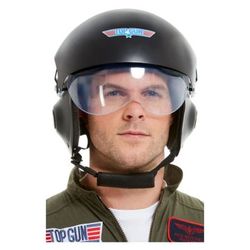 Adult wearing Top Gun helmet with olive flight suit and aviator sunglasses for 80s military costume party