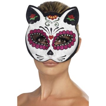 Adult Day of the Dead sugar skull cat mask with glitter finish and pointed ears