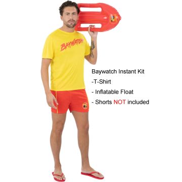 Adult Mens Baywatch Lifeguard Costume Kit - Yellow T-Shirt & Inflatable Float