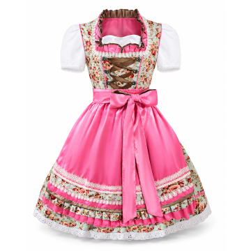Adult Bavarian Beer Maid Dirndl Costume - Pink Floral Oktoberfest Dress