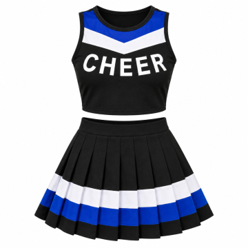 Adult Cheerleader Costume - Black Blue White Crop Top & Pleated Skirt Set