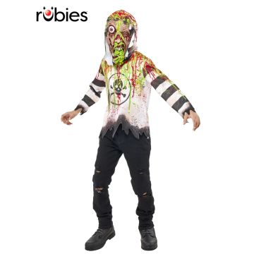 Kids toxic zombie costume with hooded shirt and plastic mask showing neon green slime and blood splatter effects