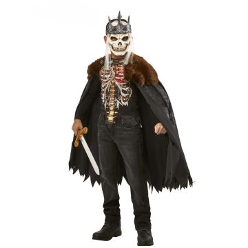 Kids skeleton king costume with printed rib shirt, tattered cape and skull mask with silver crown