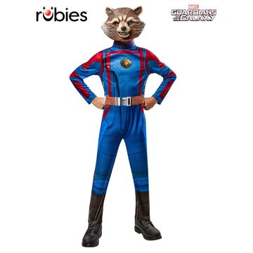 Kids Rocket Raccoon deluxe costume with blue and red printed jumpsuit, golden chest emblem and vacuform mask