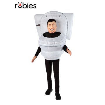 Kids Skibidi Toilet inflatable costume with white toilet shell and printed flush button detail