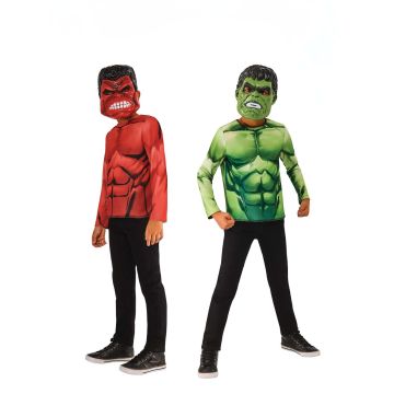 Kids Red Hulk reversible costume top with digital muscle printing and two character masks