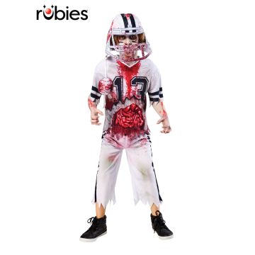 Kids zombie football player costume with blood-splattered white jersey and helmet