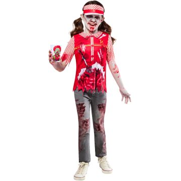 Kids Zombie Fast Food Worker Costume - Red & White Horror Tunic with Visor