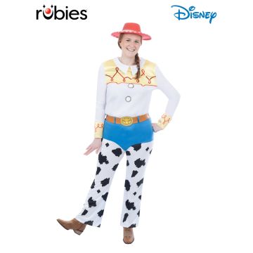 Women's Jessie Toy Story Cowgirl Costume with white shirt, blue cow-print pants, and red hat
