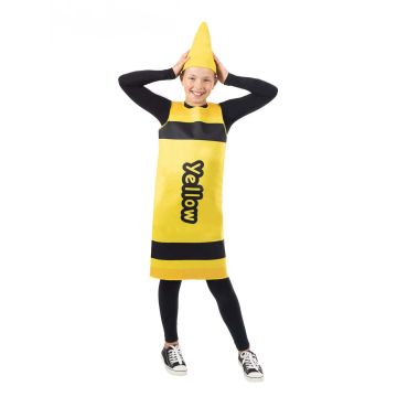 Kids yellow crayon costume tabard with black stripes and pointed hat