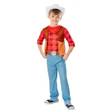 Kids Dino Ranch Jon cowboy costume with red plaid jumpsuit and white hat