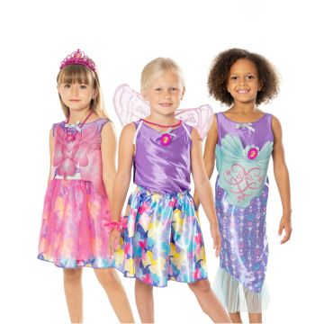 Girls Barbie dress-up trunk set with three costume themes - mermaid tail, fairy princess, and magical fairy with wings