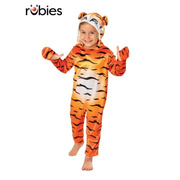 Kids tiger costume jumpsuit with orange and black stripes, 3D hood ears and paw sleeves