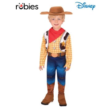 Kids Sheriff Woody costume full view - printed cowboy jumpsuit with plaid shirt and vest design, red bandana, brown felt hat