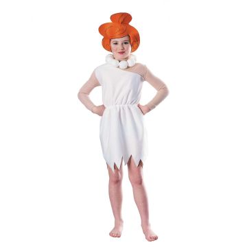 Girls Wilma Flintstone costume with white dress, orange bun headpiece and pebble necklace