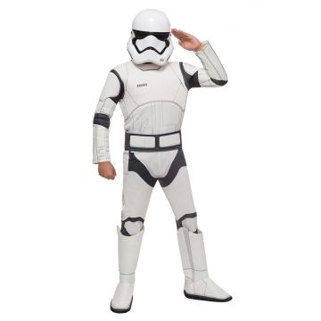 Child wearing white Star Wars First Order Stormtrooper costume with molded helmet and digitally printed armor jumpsuit