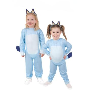 Toddler Bluey costume jumpsuit with blue fleece body and white belly panel