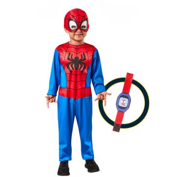 Kids Spider-Man costume box set with red and blue jumpsuit, mask and toy watch