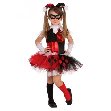 Girls Harley Quinn tutu costume with red and black checker bodice and layered diamond-print skirt