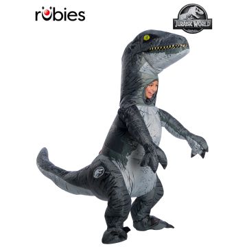 Child wearing stone-grey Velociraptor Blue inflatable costume with metallic blue stripe and articulated tail