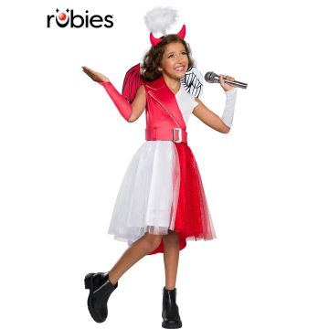 Girls Diabla devil angel costume with red and white split dress, dual wings and horns halo headband