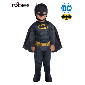 Toddler Batman costume with muscle jumpsuit, yellow logo and belt, black cape