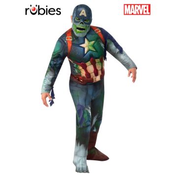 Adult Marvel Zombie Captain America costume with foam-padded jumpsuit and skull mask