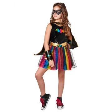 girls batgirl deluxe rainbow tutu costume - dc superhero girls dress with cape & mask - alternate view