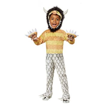 Toddler wearing Carol Wild Thing costume from Where The Wild Things Are with yellow striped jumpsuit and hooded headpiece