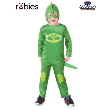 Kids PJ Masks Gekko costume - green lizard superhero jumpsuit with tail and 3D-fin headpiece
