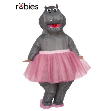 Adult inflatable hippo costume with pink glitter tutu and plush shoe covers