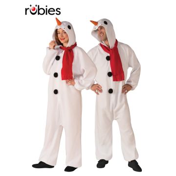 Adult Christmas snowman onesie costume with plush hooded jumpsuit and red scarf