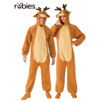 Adult wearing plush brown reindeer onesie with hooded antlers and cream belly panel