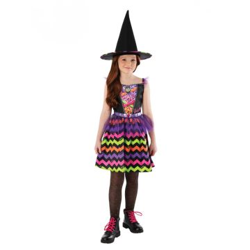 Girls Barbie Witch Costume with rainbow sequin bodice and chevron-striped skirt
