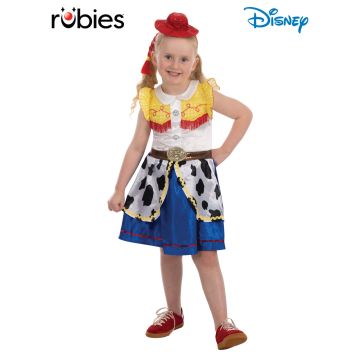 Girls Jessie Toy Story costume dress with yellow gingham yoke and cow print skirt